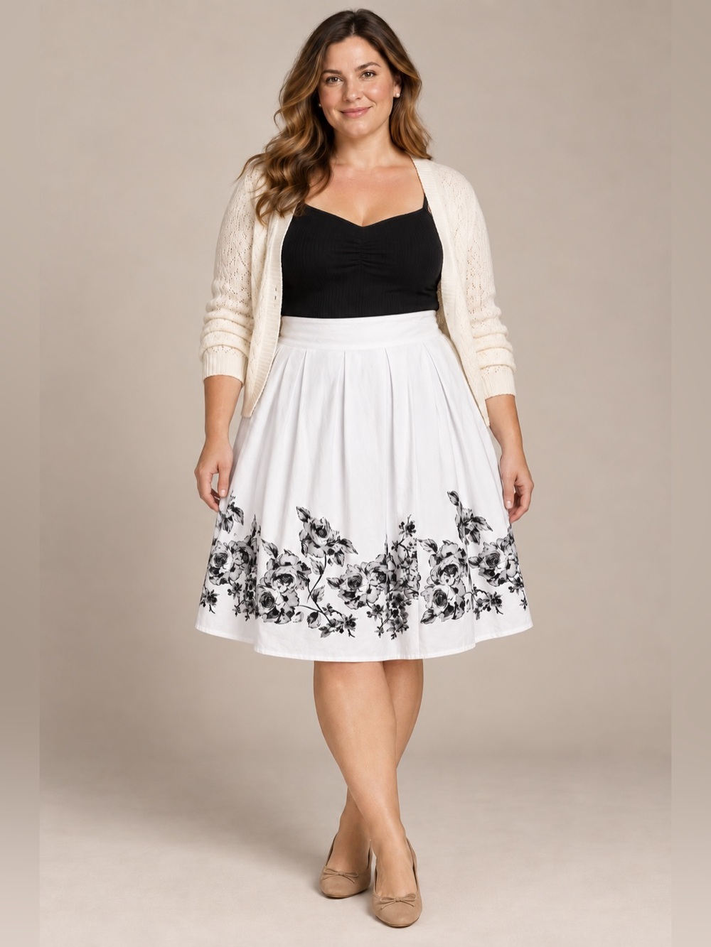 Croft & Barrow Size 14 White Black Floral Border Print A-Line Skirt